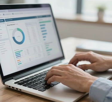 A close-up photograph of a professional's hands in a North American office setting, working on a sleek laptop with a digital analytics dashboard visible, soft morning light, professional and clean style.