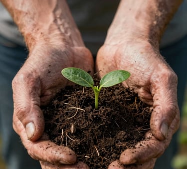 Close-up of a pair of weathered hands holding a handful of dark, rich soil in a North American field, a small green seedling emerging, captured in crisp, natural light to show texture and life.