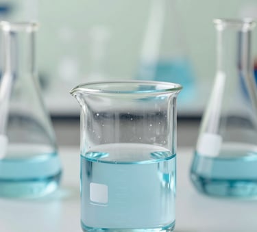Macro shot of glass laboratory beakers filled with clear and blue liquids, reflecting soft light. The background is a clean, modern lab setting using the #3D6B7A and #F8F9F3 palette. Sophisticated and precise composition.