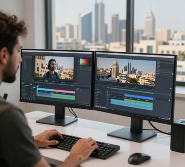 A creative professional editing video content on dual monitors in a clean, modern studio with architectural views of a Middle Eastern city skyline.
