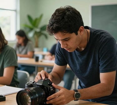 A hands-on professional training workshop in a modern South American educational facility, bright natural lighting, sage green and leaf green accents in the background.
