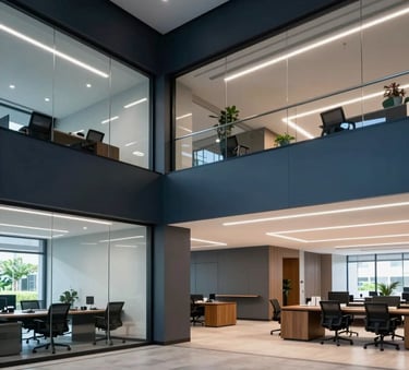 A wide angle shot of a modern commercial office space in Trinidad featuring professionally installed architectural lighting in dark navy and soft blue-grey tones.