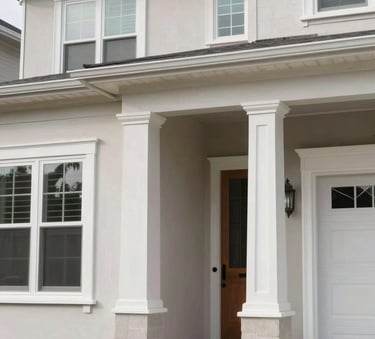 A close-up photograph of a high-value residential property undergoing professional restoration in a North American suburb, focused on clean architectural lines and high-quality materials, soft daylight, professional and tidy workspace.
