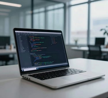 A modern architectural workspace featuring a high-end laptop displaying complex code and data structures. Soft natural lighting through large windows in an International Business setting. Muted blue and light gray color palette.