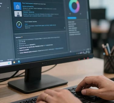 Close-up of a sleek digital communication interface on a modern computer screen, hands typing on a keyboard in a professional South American / Brazilian office, muted blue and slate colors.
