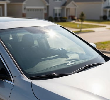 A side profile of a premium sedan with a pristine, perfectly reflecting windshield, parked in a safe North American suburban residential driveway during a clear, bright afternoon.