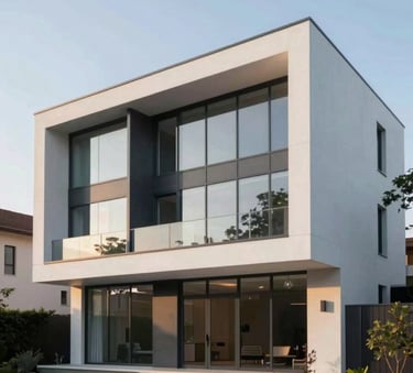 A striking exterior shot of a modern residential property with sharp geometric lines and floor-to-ceiling glass windows. The architecture features white concrete and dark metal accents (#2B3E51). Soft afternoon lighting highlights the minimalist landscaping and refined luxury.