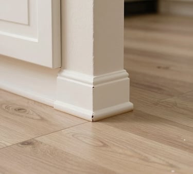 A sharp, detailed close-up photography of a pristine kitchen floor meeting a baseboard in a Phoenix home, emphasizing professional inspection and attention to detail. The lighting is bright and clear, with soft tan and warm off-white tones throughout the interior space.
