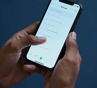 Close-up of a person's hands in a South Asian / Indian setting, interacting with a secure mobile payment app. The phone screen emits a pale blue glow against a deep blue background, symbolizing safe and instant financial transactions.