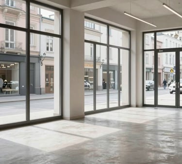 A medium shot of a bright, empty commercial retail space in a Western European city street, large windows, high ceilings, clean concrete floor, ready for transformation into a modern physiotherapy clinic.