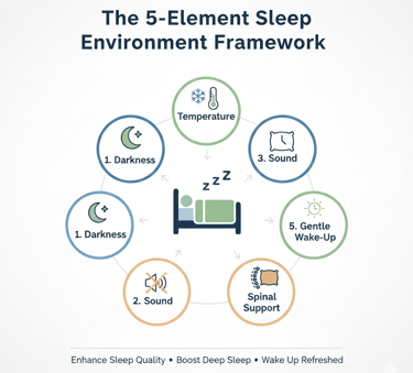 Diagram of the 5-element sleep environment framework to enhance sleep quality and deep sleep.