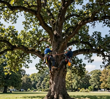 Wide shot of a professional arborist working safely among the branches of a majestic ancient oak tree in a Central European / Polish public park, sunny day, high-end climbing equipment visible, elegant and clean composition.