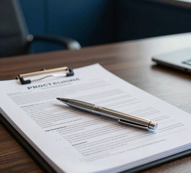 Close-up of a professional desk in a North American / US corporate office, featuring a silver pen resting on detailed regulatory documents, with a backdrop of deep navy walls and steel blue accents.