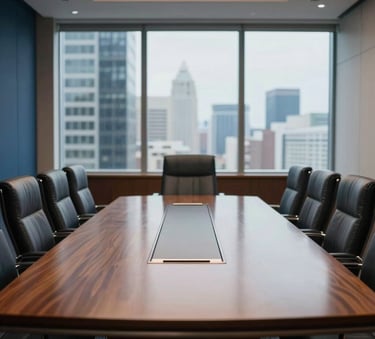 A high-end corporate boardroom in a South American business district with a large mahogany table and leather chairs. Soft natural lighting through a large window, professional and solid atmosphere, with deep blue and soft gray accents.