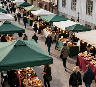 A high-angle photograph of an outdoor artisanal food market in a Northern European town square. Crisp morning light illuminates stalls with fresh produce and handcrafted breads, featuring a palette of Matte Forest Green awnings and Ripe Crimson textiles. People in stylish, casual attire walk through the stalls.