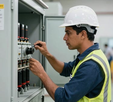 A professional engineer in a white hard hat performing a technical inspection of a large industrial electrical panel, South American Brazilian work environment, bright and clean lighting, professional technical atmosphere.