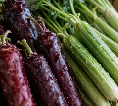 A close-up photograph of fresh, vibrant organic vegetables at a North American / Western farmer's market, featuring deep reds and forest greens, captured in natural morning light with a shallow depth of field.