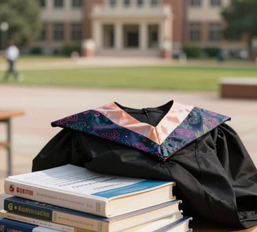 A close-up shot of a graduation gown and several engineering textbooks on a wooden table, with a blurred South Asian university campus courtyard in the background, warm natural lighting.