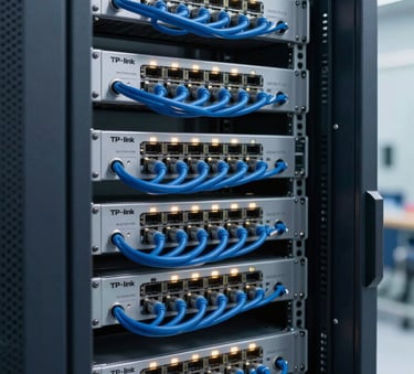 A professional view of a networking server rack in a clean industrial facility, featuring organized blue cables and glowing lights from TP-Link and Ubiquiti hardware. The aesthetic is clean and high-tech with dark slate navy tones.