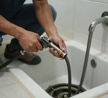 Close up of a professional technician using a heavy-duty sewer snake and plumbing equipment in a clean Southeast Asian / Filipino residential bathroom, focused lighting, professional style.