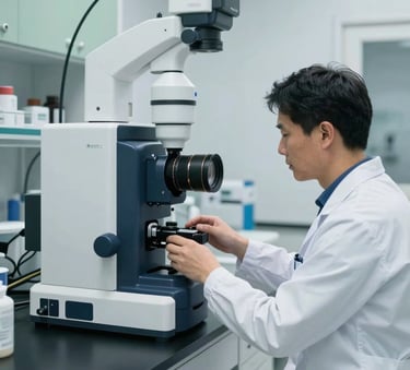 A clean, modern North American / US medical laboratory with advanced diagnostic equipment and deep navy surfaces. A professional technician in a white coat is working in a bright, sterile environment with sage green accents.