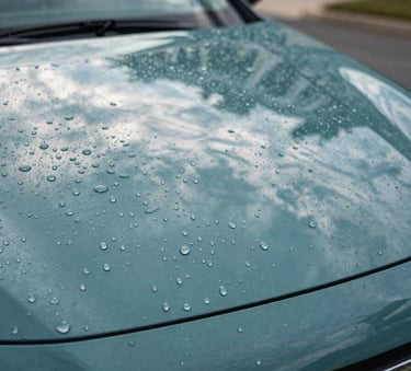 Close-up of water droplets beading perfectly on a teal-colored car hood after a ceramic coating treatment. The lighting is crisp, showing clear reflections of a US suburban sky.