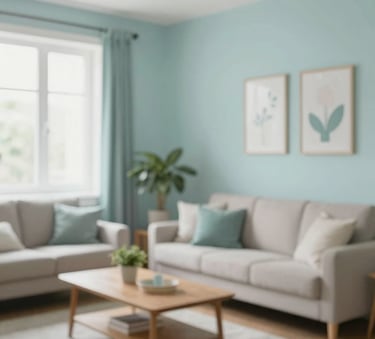 A bright, welcoming living room of a managed rental property, showing personalized care and cleanliness. Soft daylight, with a professional architectural photography style including #F5F8FA and #5B7C85 tones.