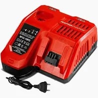 Red Milwaukee M12-18FC rapid charger for lithium-ion power tool batteries on a white background.