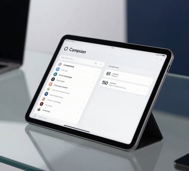 A macro shot of a sleek tablet resting on a glass desk, showing a minimalist application interface for campaign management. The background features a blurred tech-centric studio with pale icy white and deep midnight navy tones.