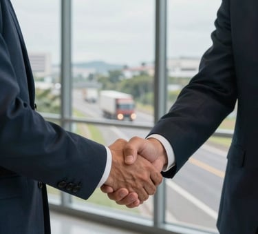 Close-up of a professional handshake between two executives in a modern office in Brazil, with a large glass window overlooking a highway with trucks in the distance. Professional lighting and modern atmosphere.
