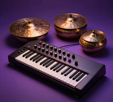 A striking modern still life showcasing a polished electronic synthesizer module resting next to timeless traditional Indian brass manjira cymbals, bathed in warm amber and moody deep purple spotlights, tailored for a Global South Asian / Indian Spiritual Audience.