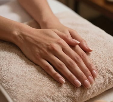 A close-up photograph of a South Asian / Indian woman's hands with an elegant manicure, resting on a soft mist-colored towel in a luxury spa environment. The lighting is soft and warm, highlighting the serene and professional atmosphere of the clinic.