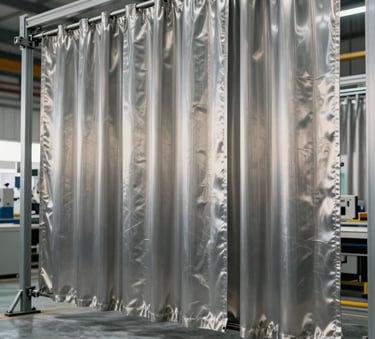 A wide angle industrial shot of a modern manufacturing floor where metallic curtains are being assembled. The atmosphere is professional with slate grey tones and soft off-white lighting on muted silver metal surfaces.