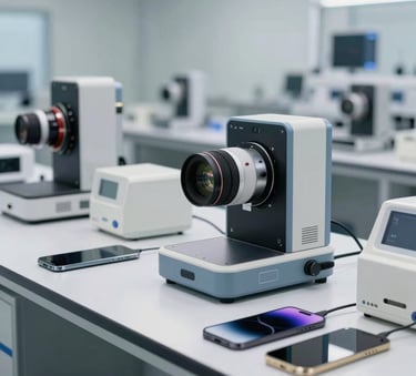 A high-tech mobile device testing laboratory in a modern facility with multiple smartphones and testing equipment on white surfaces, professional lighting, tones of light blue and off-white.