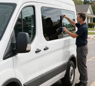 A professional mobile service van parked on a suburban North American street. A technician is in the background preparing a side window for replacement in clear daylight, reflecting a reliable and efficient service mood.