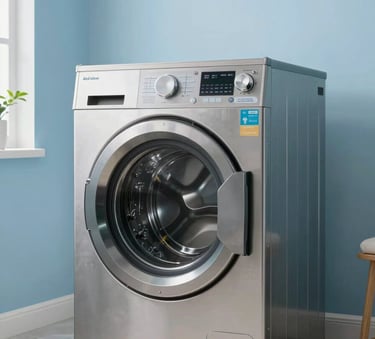 A high-efficiency, modern silver washing machine inside a bright South American laundry room with Alice Blue walls and natural light, professional photography style.