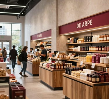 A wide shot of a modern, upscale food market in North America. Crisp Parchment walls, wooden stalls, and Deep Ripe Crimson signage. Sophisticated atmosphere with customers browsing artisanal goods in natural light.
