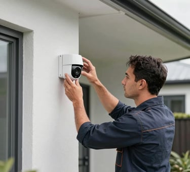 A professional electrician in work attire installing a modern smart security camera on the exterior of a contemporary New Zealand home, clean daylight, professional photography.