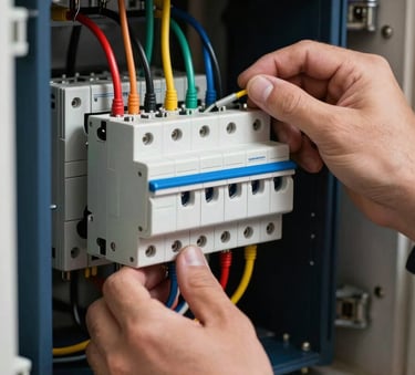 Photography of a professional's hands carefully wiring a modern electrical breaker panel in a North American / US basement, sharp focus, technical style, incorporating dark navy blue and steel blue colors.