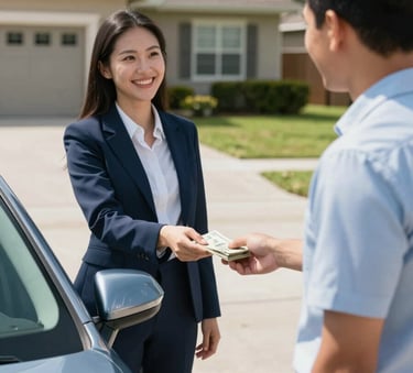 A professional and friendly interaction where a car buyer is handing cash to a satisfied customer in a sunny Orlando residential driveway. The atmosphere is trustworthy and efficient, featuring colors like #8BB0C9 and #F5F8F9.