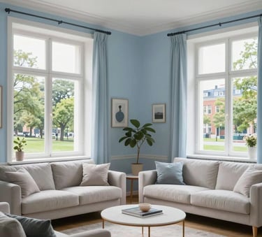 A bright and airy Scandinavian-style living room in a Northern European apartment, high ceilings, minimalist furniture, large windows overlooking a city park, palette of light blue and off-white.