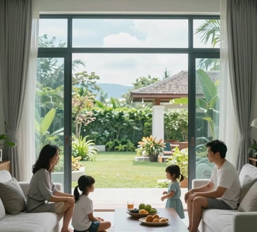 A serene view of a modern Southeast Asian / Thai family living room with large windows overlooking a lush garden, bright Soft Sky Blue and White Mist interior design, professional photography style, sharp focus.