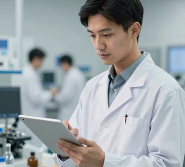 A focused environmental engineer using a tablet in a modern, brightly lit industrial research facility, professional and clean atmosphere with #3C6B5E accents.