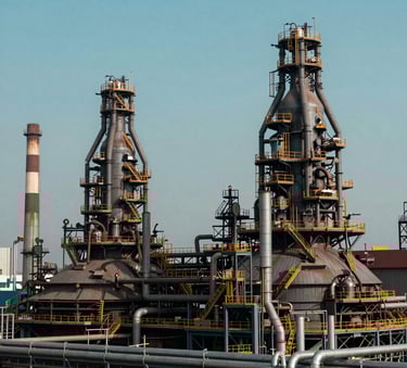 A panoramic wide shot of a massive industrial steel plant in a South Asian / Indian industrial region, featuring large smokestacks and piping under a clear sky. The scene is dominated by muted steel blue and deep charcoal teal colors, exuding industrial strength and efficiency.