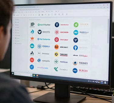 A computer screen showing a complex database with various logos and trademark classifications, in a modern office with Hispanic professional context, shallow depth of field.