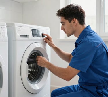 A professional service technician in a neat blue uniform inspecting a modern digital control panel of a washing machine in a bright Turkish home laundry room, Istanbul Anatolian Side, sharp focus, natural lighting.