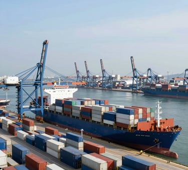 A high-angle professional photograph of a bustling international port with cargo ships and containers, symbolizing global commerce, in the daylight with a clear sky, featuring Medium Blue and Light Blue tones, International / Global style.