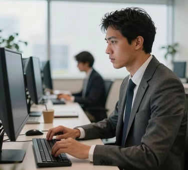 A professional in business attire working at a modern multi-monitor workstation in a bright, high-tech Brazilian office environment, soft natural lighting.