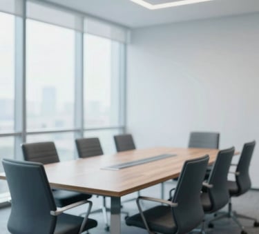 A clean, minimalist corporate meeting room with large windows, focused on a sleek wooden table and ergonomic chairs, lighting is bright and natural, incorporating #F7FAFC and #A0AEC0 tones.