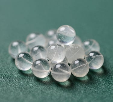 A close-up macro photograph of clear and pure silica gel beads resting on a matte forest green surface, soft professional lighting emphasizing transparency and technical precision.